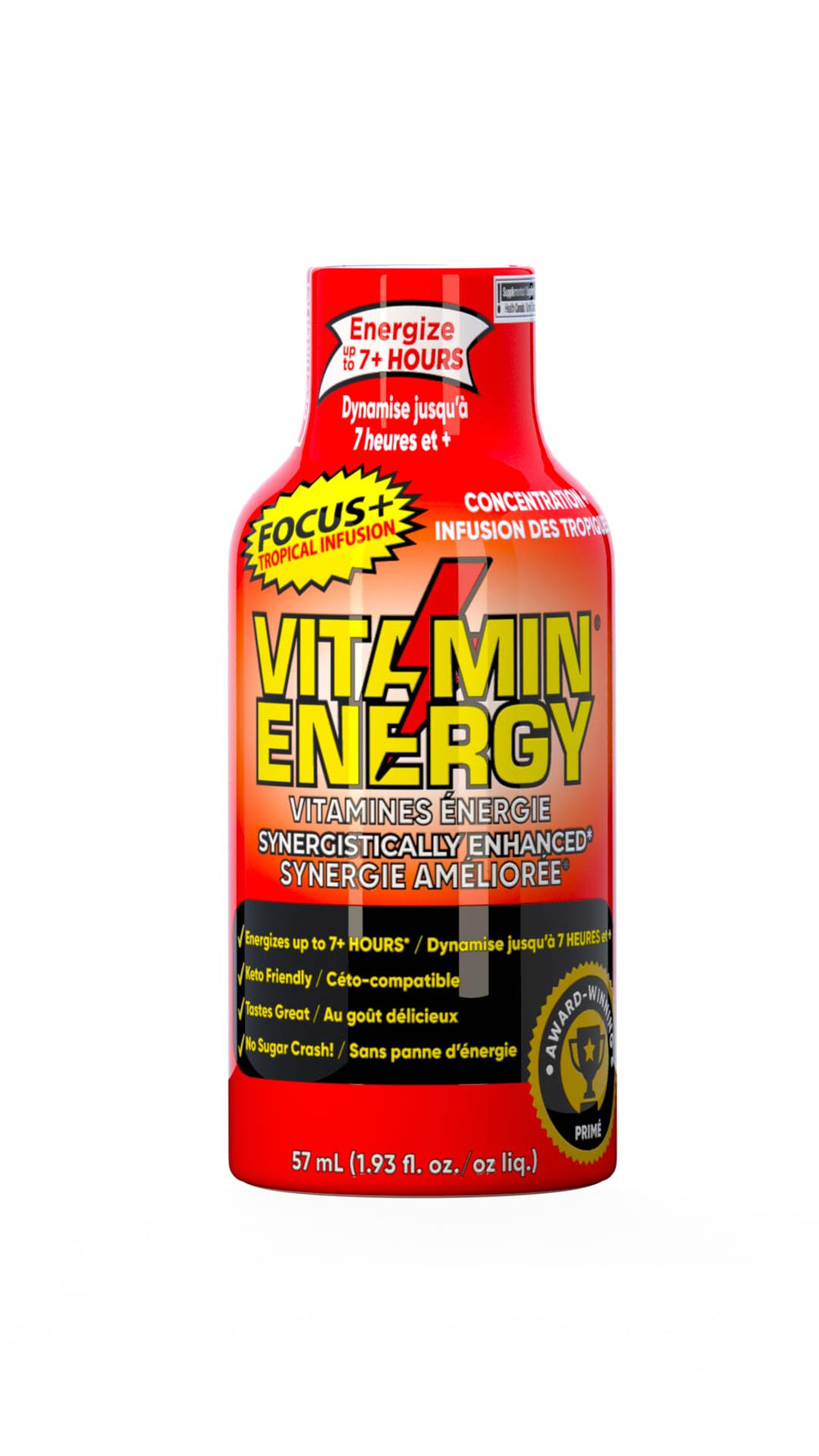 Vitamin Energy Focus+ Tropical caffeine shot pour over glass for immediate energy.