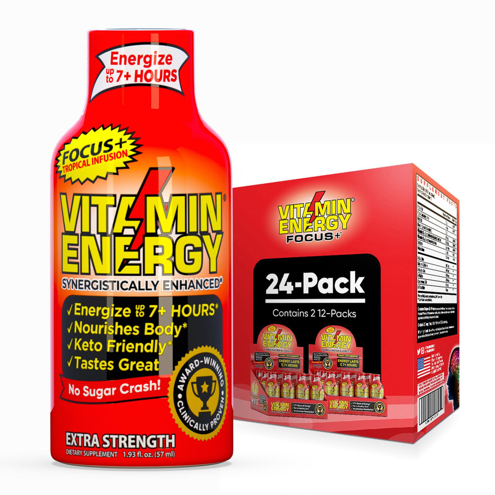 Vitamin Energy Focus+ Tropical Shot bottle for sustained energy and focus on the go