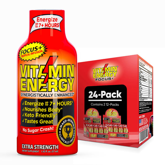 Vitamin Energy Focus+ Tropical Shot bottle for sustained energy and focus on the go