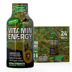 Vitamin Energy Immune+ Army Orange bottle being poured for steady focus.