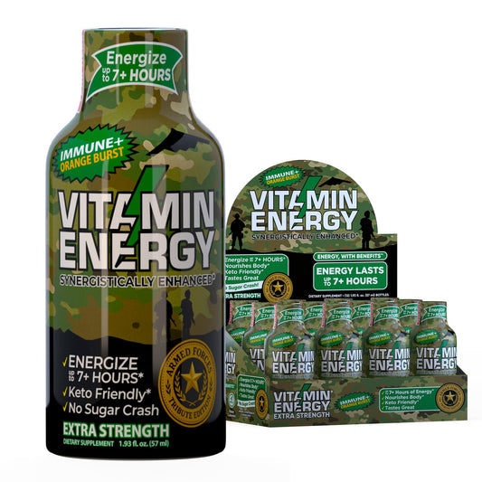 Vitamin Energy Immune+ Army Orange bottle shows portable energy and immune-friendly formula.
