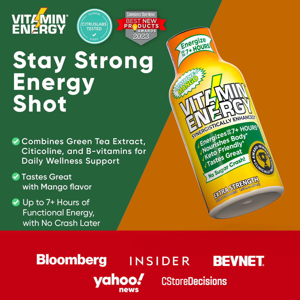 Glass of Vitamin Energy Immune+ Mango Shot prepared for immediate consumption.