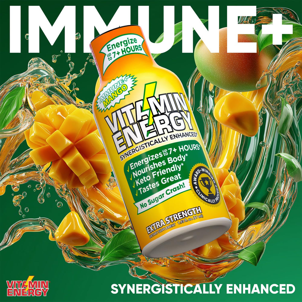 Close-up of Vitamin Energy Immune+ label highlighting vitamins and caffeine.