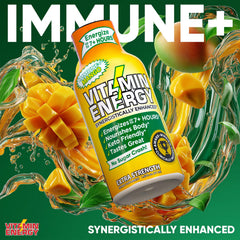 Chilled Vitamin Energy Immune+ Mango Shot bottle poured into a glass for refreshment.