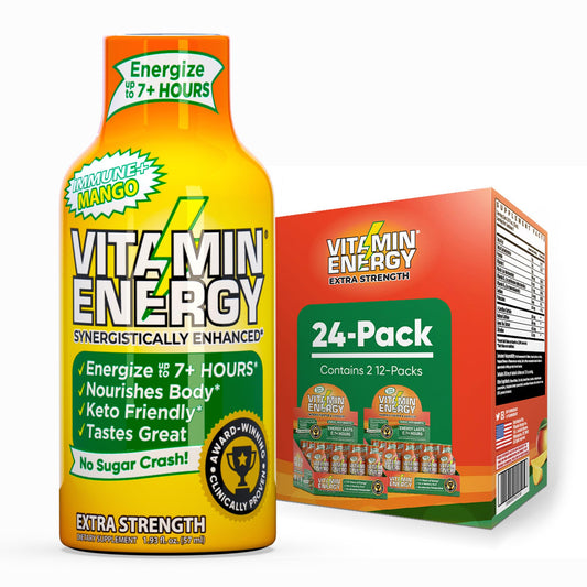 Vitamin Energy Immune+ Mango Shot bottle front shows mango flavor and energy-ready packaging.