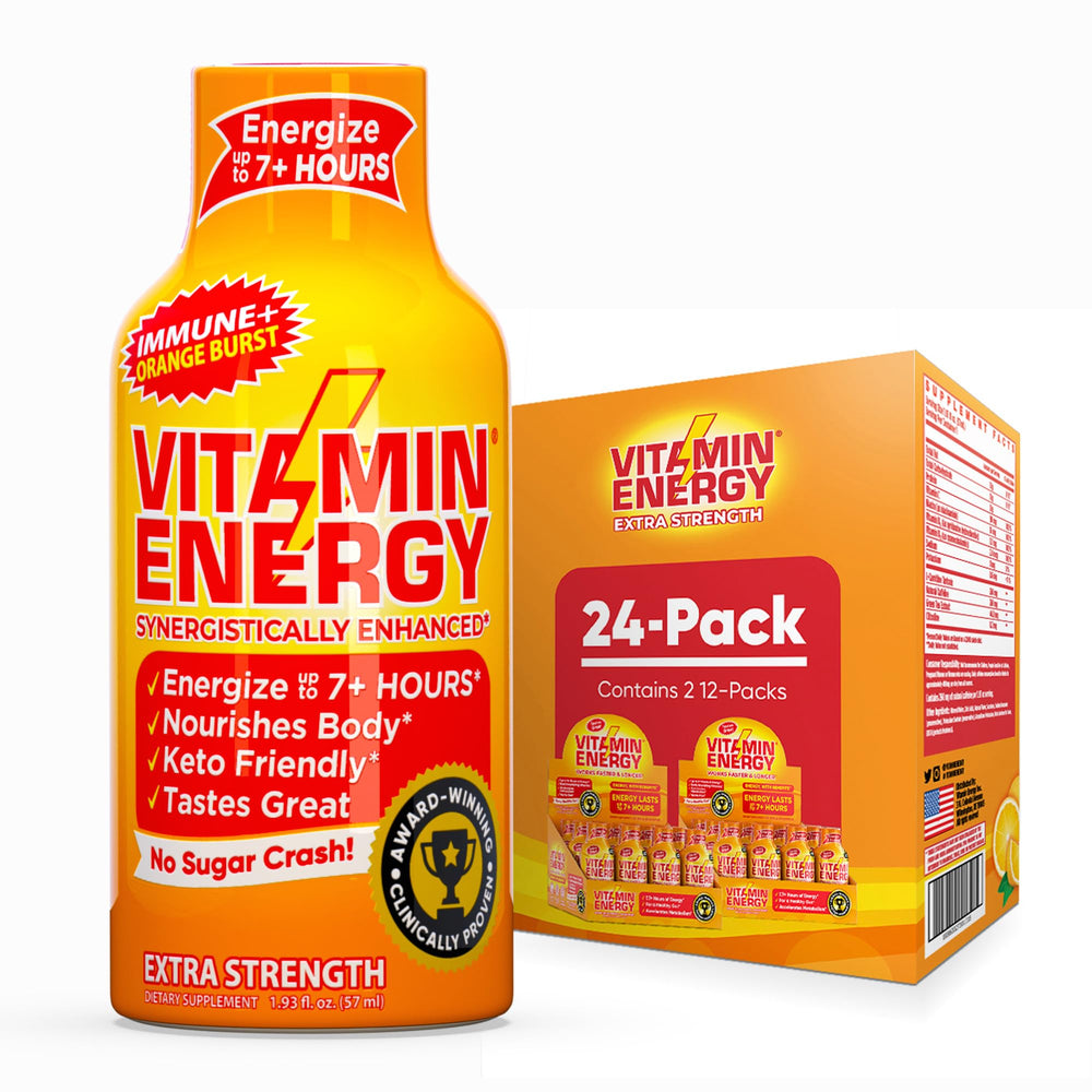 Vitamin Energy Immune+ Orange Burst bottle front for on-the-go energy.