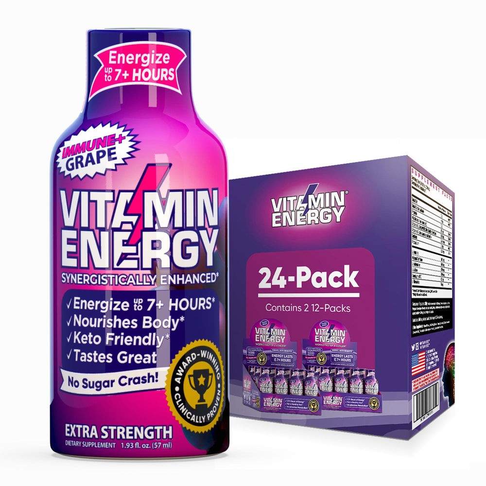 Vitamin Energy Immune+ grape shot pack front for on-the-go alertness.