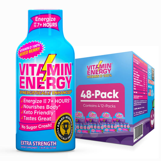 Vitamin Energy Mixed Berry shot front view highlights compact energy boost