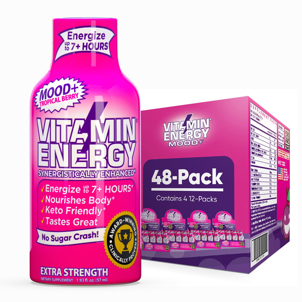 Vitamin Energy Mood+ Tropical Berry bottle ready for a quick energy boost