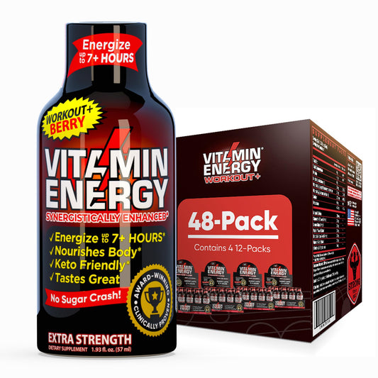 Vitamin Energy Workout+ Berry bottle shows 260mg caffeine for focused workouts.