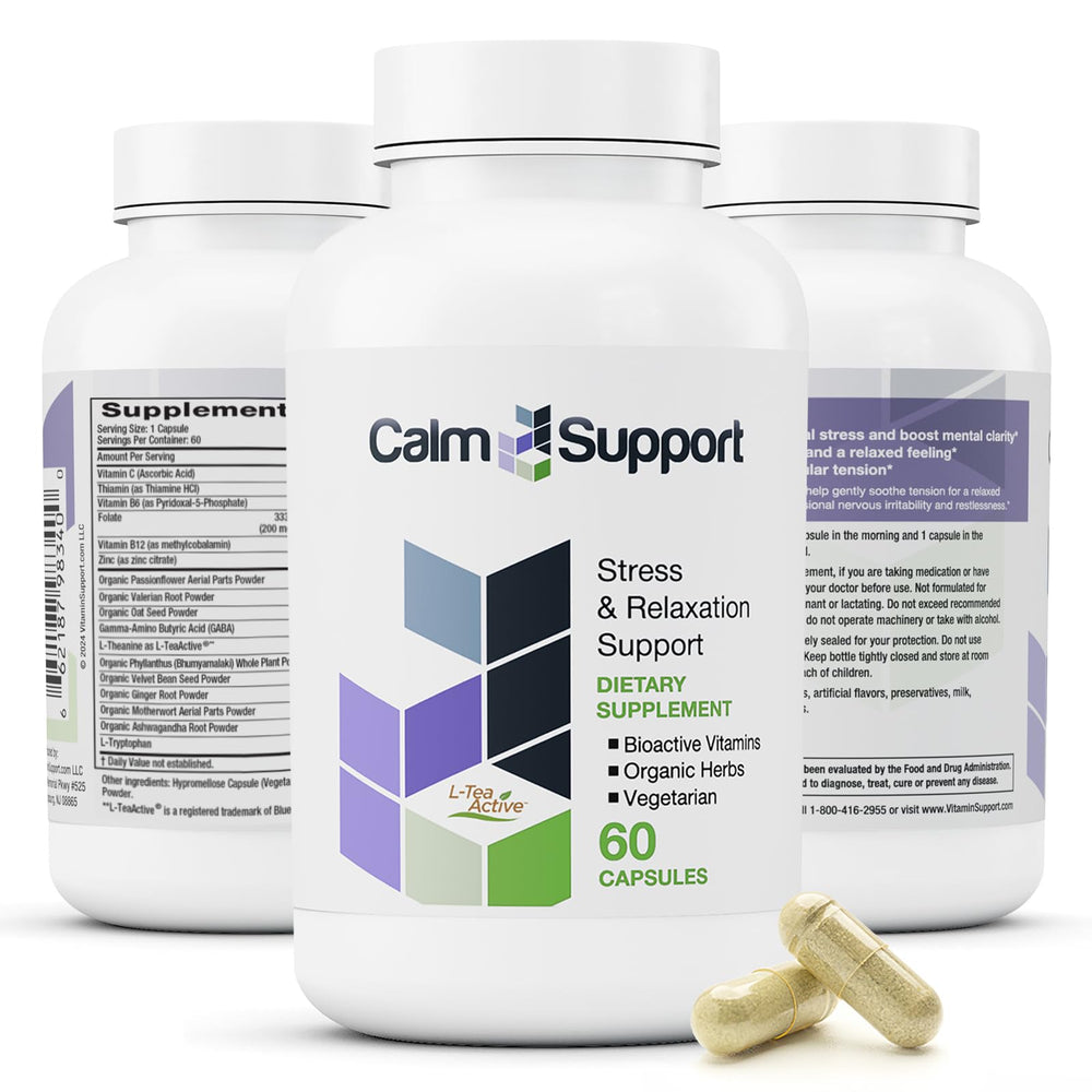 Vitamin Support CalmSupport bottle pour for a calming daily ritual.