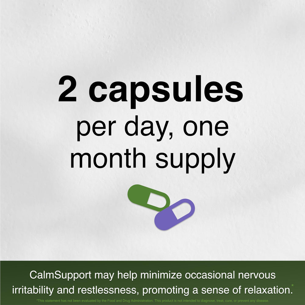 Vitamin Support CalmSupport organic herbs and powders showcase natural ingredients.