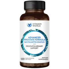 Vitamin World Advanced Prostate Formula softgels bottle display, supports urinary health and prostate wellness.