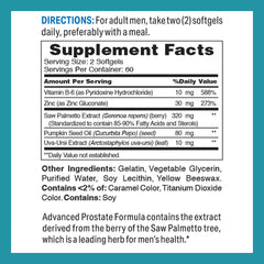 Vitamin World Advanced Prostate Formula softgels label closeup, gluten-free formula with rapid-release benefits.
