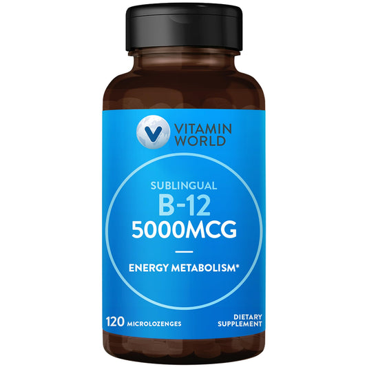 Vitamin World B-12 5000 mcg pack shot highlighting a high-potency sublingual option.