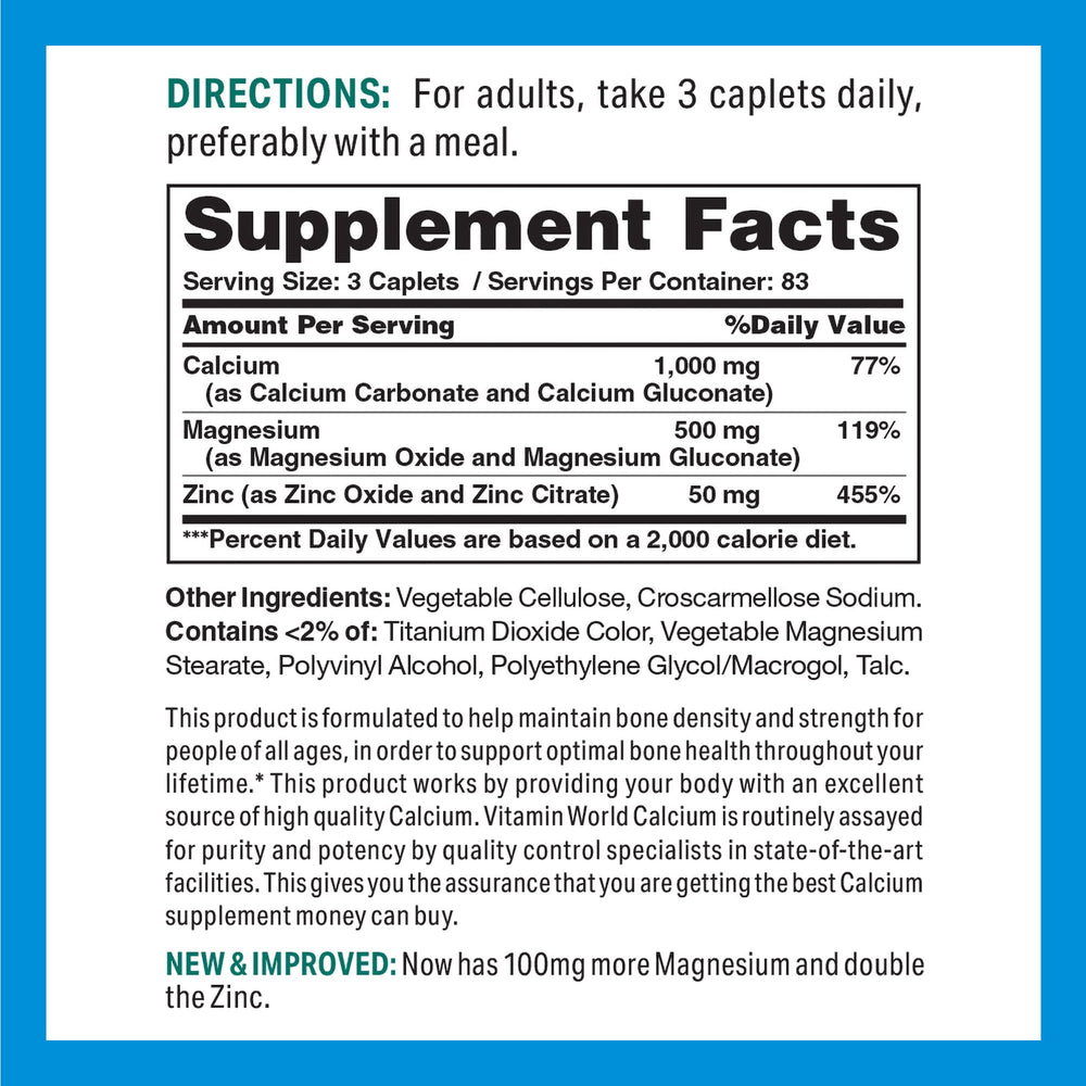 Vitamin World Calcium Magnesium Zinc caplets close-up showing dosage