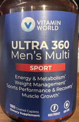 Vitamin World Ultra 360 Men’s Multi Sport bottle front for daily workout nutrition.