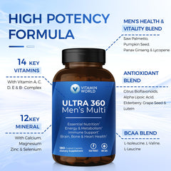 Closeup of Ultra 360 Men caplets highlighting high potency formula