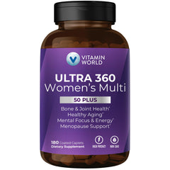 Vitamin World Ultra 360 Women 50+ bottle emphasizes bone health support.