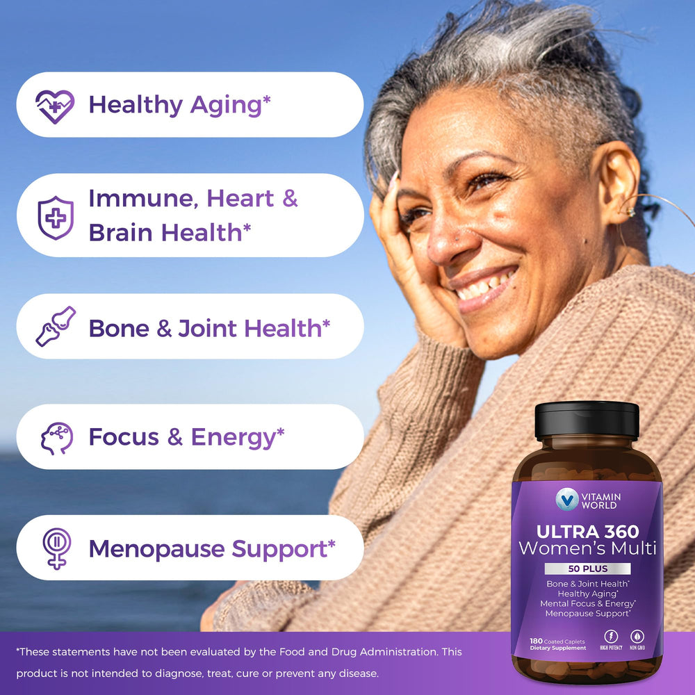 Vitamin World Ultra 360 Women 50+ caplets for convenient meal-time dosing.