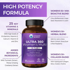 Vitamin World Ultra 360 Women 50+ label reveals vitamins and minerals for daily wellness.
