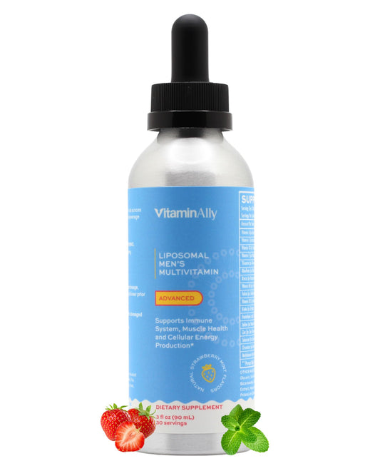 Vitaminally Liposomal Men's Drops bottle pour for easy daily intake.