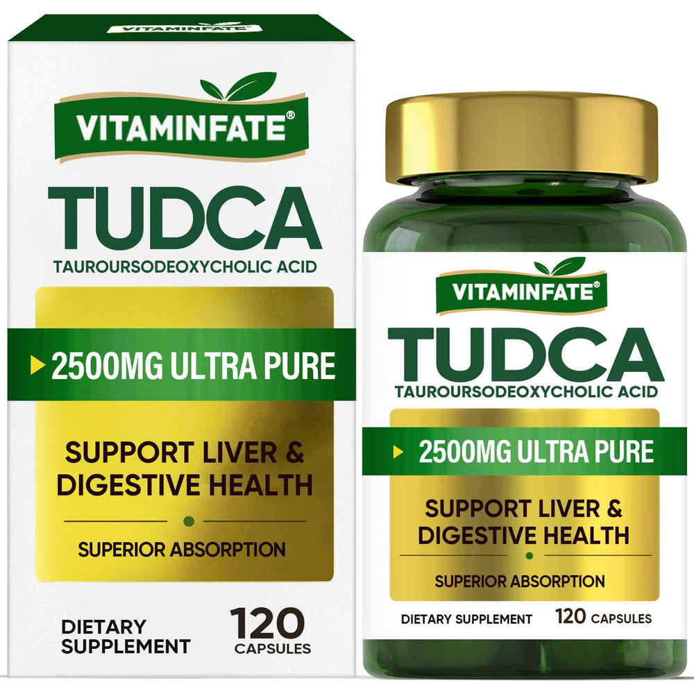 VITAMINFATE Tudca liver support bottle highlighting detox-support formula for daily wellness.