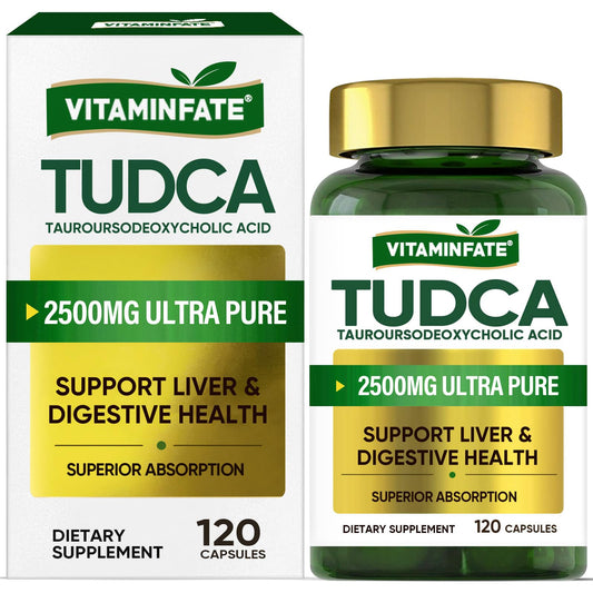 VITAMINFATE Tudca liver support bottle highlighting detox-support formula for daily wellness.