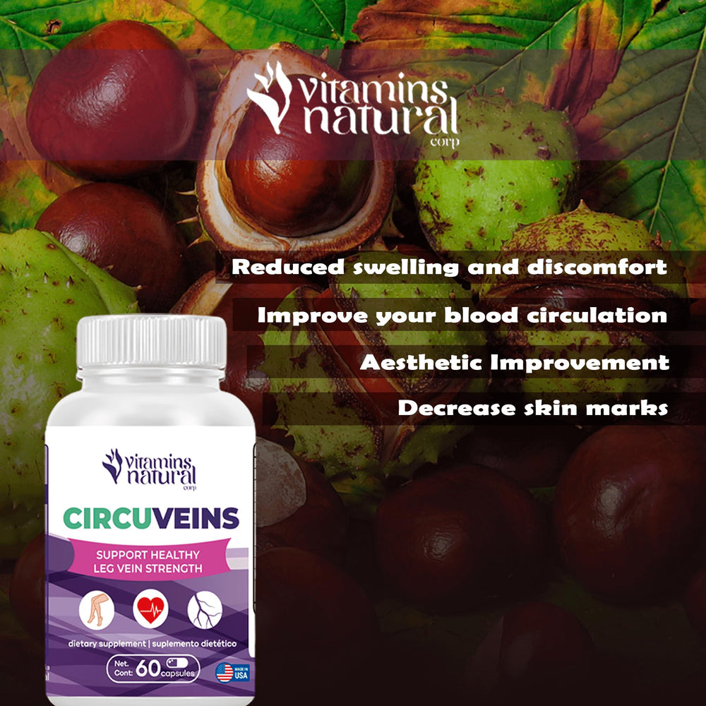 Horse chestnut ingredient visuals suggest supported vein function and leg comfort.