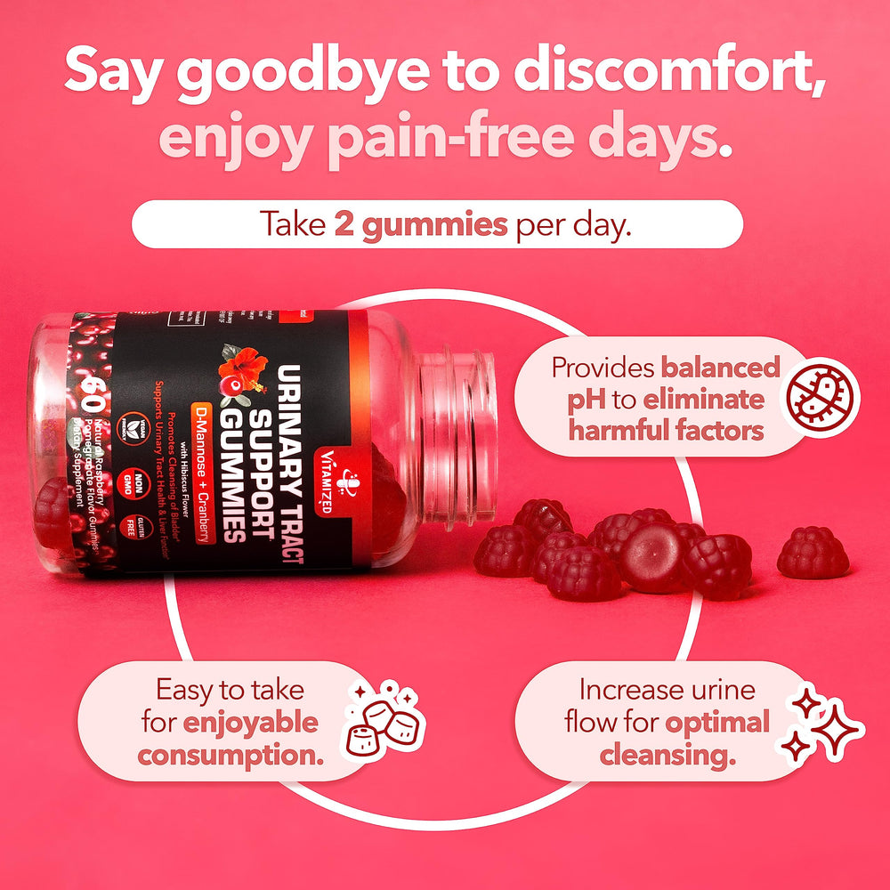 VITAMIZED D-Mannose Cranberry Gummies pack on shelf for daily urinary wellness.