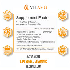 Vitamo Liposomal Vitamin C 2000mg bottle back view showing 300 capsules.