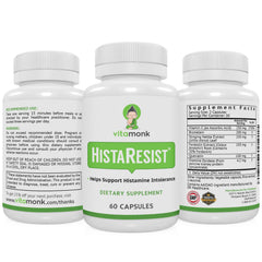 VitaMonk HistaResist bottle beside a glass signals daily routine