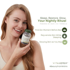 Vitanergy Beauty Sleep capsules closeup emphasizes easy night-use and relaxation benefits.
