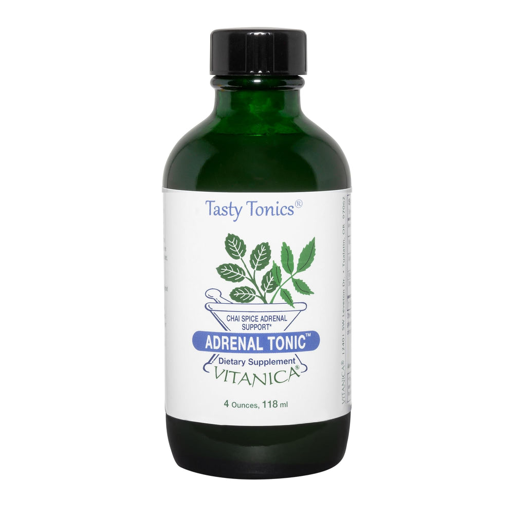 Vitanica Adrenal Tonic bottle label featuring vegan chai formula for everyday balance.