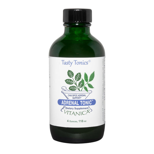 Vitanica Adrenal Tonic bottle label featuring vegan chai formula for everyday balance.