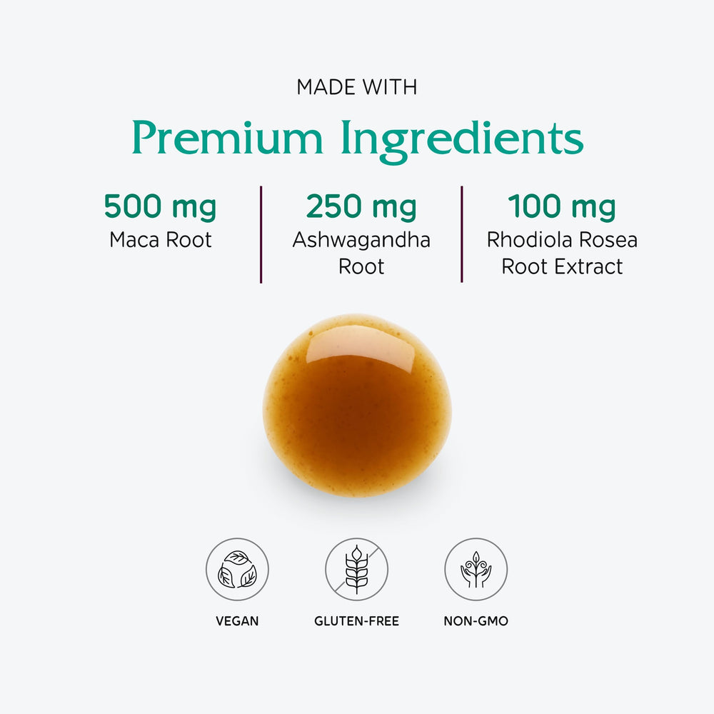 Vitanica Adrenal Tonic ingredients view emphasizes maca, ashwagandha, rhodiola.