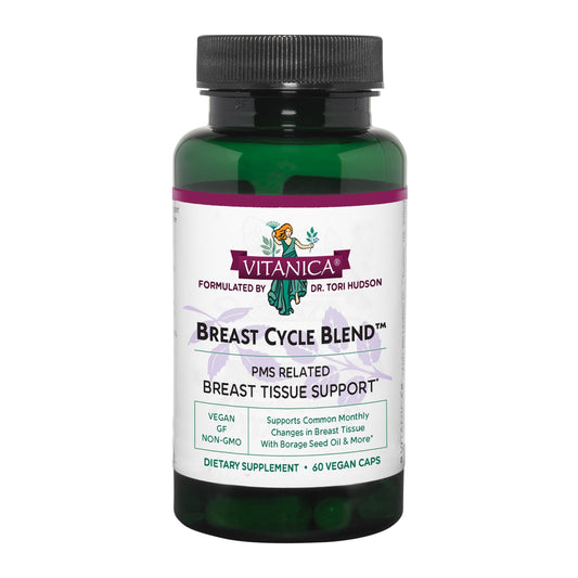 Vitanica Breast Cycle Blend bottle with capsules for daily cycle support.
