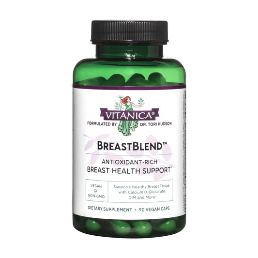 Vitanica BreastBlend bottle front showing vegan breast care support.