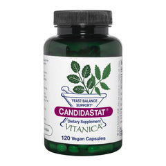 Vitanica Candidastat bottle front highlights vegan yeast balance support.