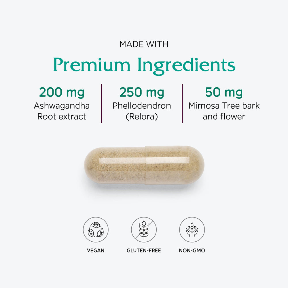 Bottle with herbal blend emphasizing mood and sleep support.