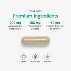 Bottle with herbal blend emphasizing mood and sleep support.