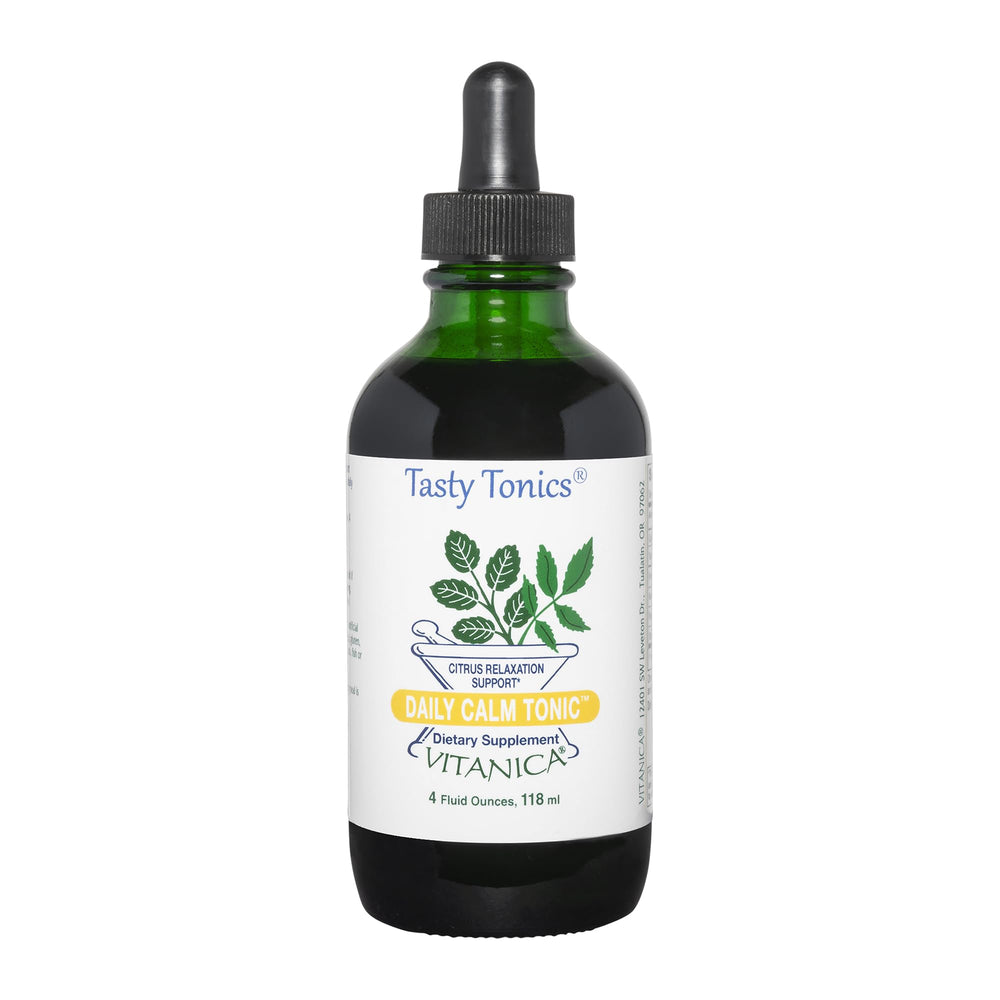 Vitanica Daily Calm Tonic bottle front with lemon balm for relaxation
