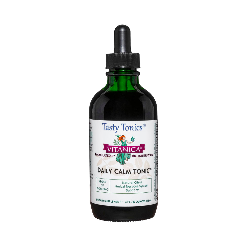 Vitanica Daily Calm Tonic bottle on a clean surface, inviting a daily calm routine.