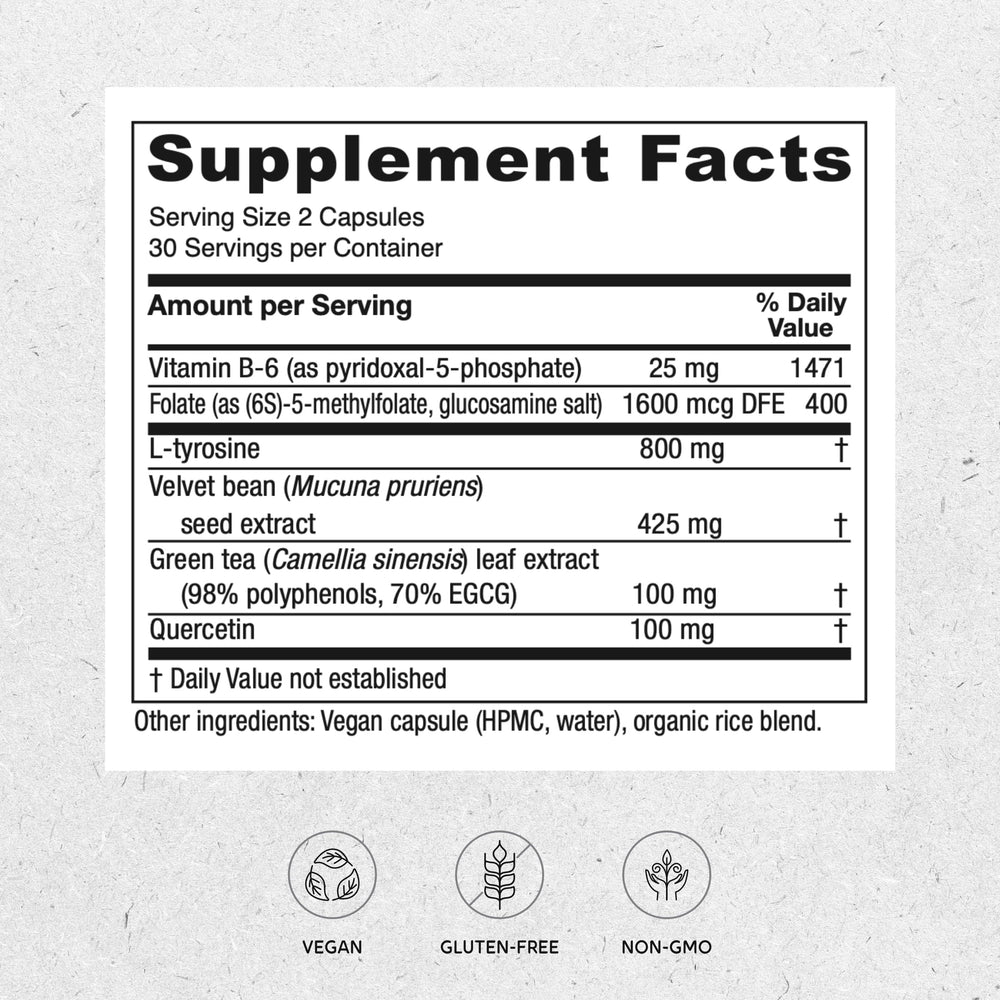 Vitanica Dopamine Assist capsules close-up showing convenient vegan capsules.
