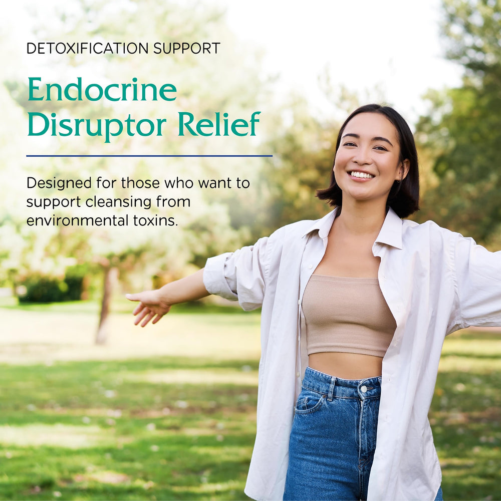 Vitanica Endocrine Disruptor Relief label close-up emphasizes doctor-formulated detox.