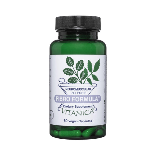 Vitanica Fibro Formula bottle on a clean surface for daily neuromuscular support.
