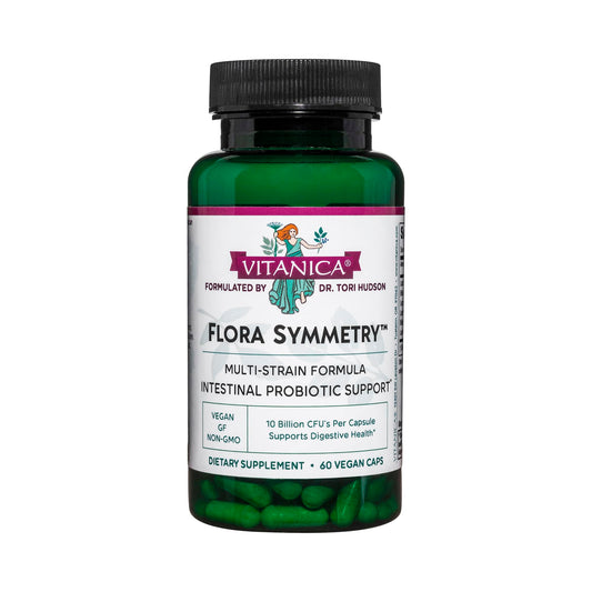 Vitanica Flora Symmetry bottle front promotes daily gut balance.