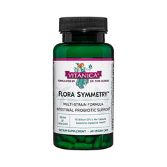 Vitanica Flora Symmetry bottle front promotes daily gut balance.