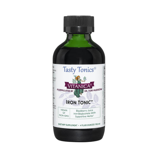 Vitanica Iron Tonic bottle in green glass supports vegan iron intake.
