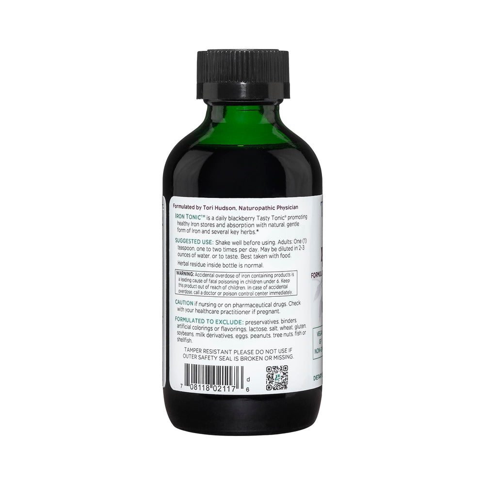 Vitanica Iron Tonic label close-up highlights allergen-free formulation.